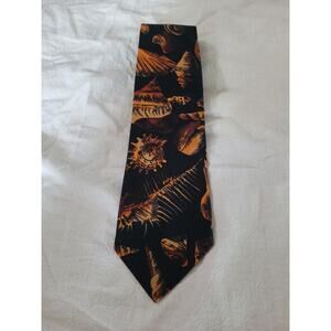 Vertigo Men Seashell Print Tie Black Orange 100% Cotton Vintage 57" x 3.5"
